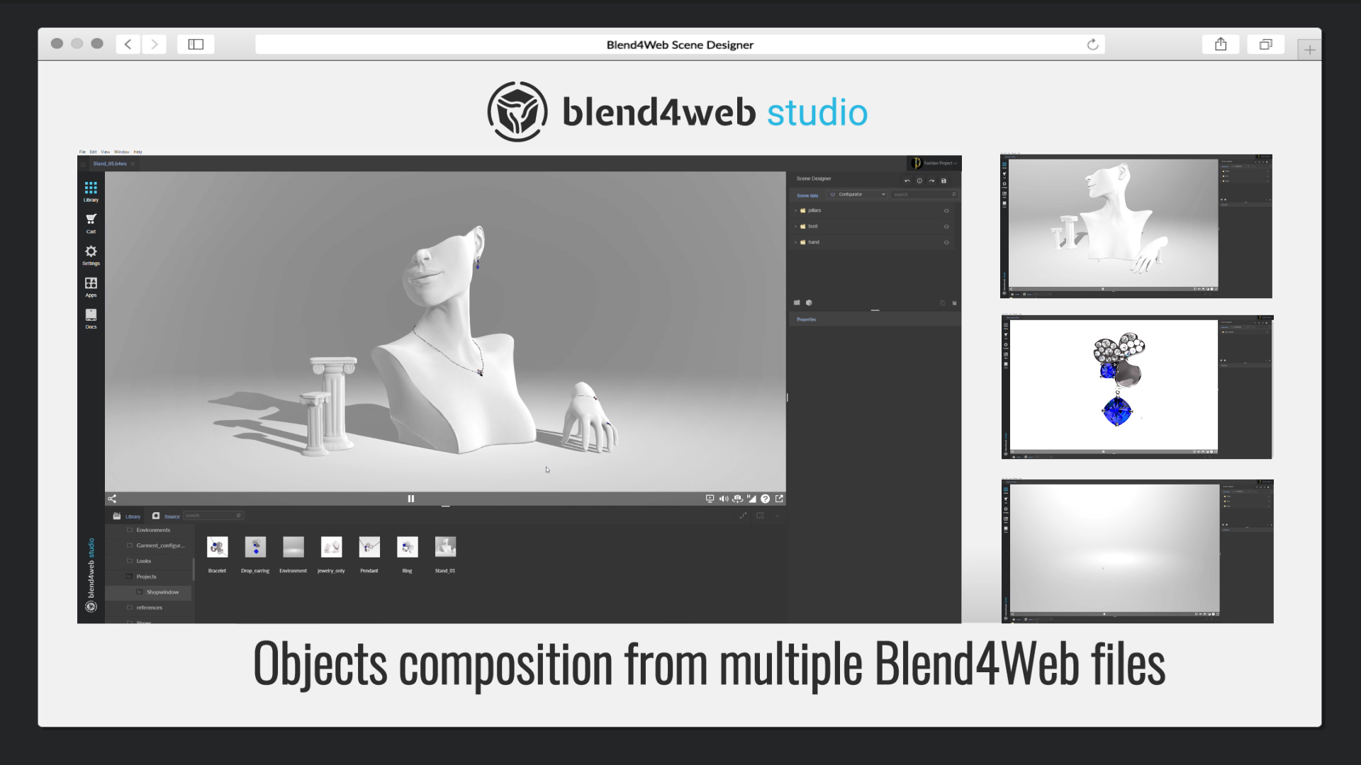 Blend4Web Scene Designer: компоновка объектов из нескольких Blend4Web файлов